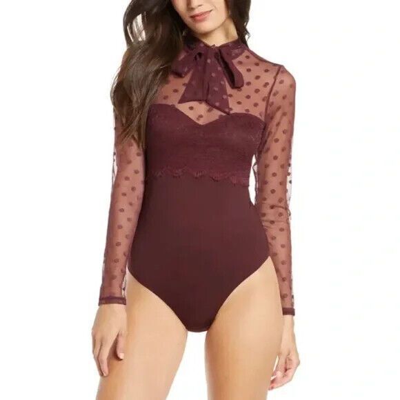 Vince Camuto Chloe Long Sleeve Lace Chocolate Burgundy Bodysuit Size XS… - Picture 1 of 6